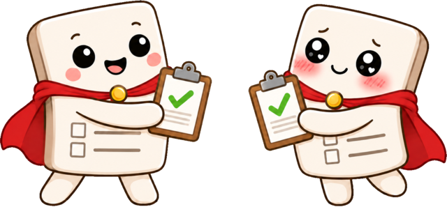 Dois mascotes do SurveySwap de capa vermelha trocam inquéritos preenchidos